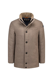 Men's taupe jacket front view with dark buttons, stand collar, inner zip bib, and welt pockets by NZA