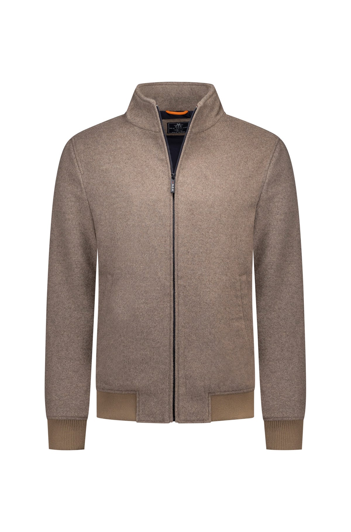 Men's taupe bomber jacket, front view, with stand collar, black zipper, and ribbed cuffs and hem by NZA