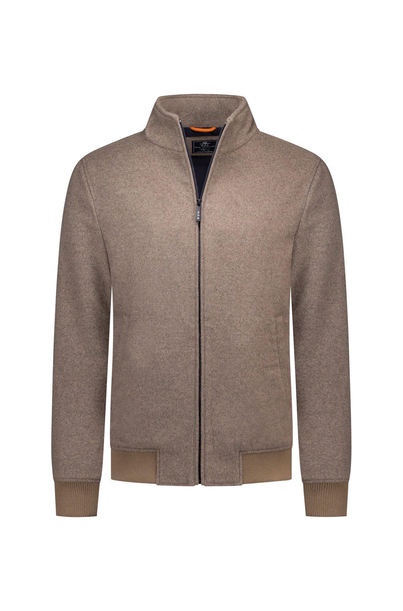 Men's taupe bomber jacket, front view, with stand collar, black zipper, and ribbed cuffs and hem by NZA