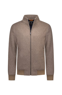 Men's taupe bomber jacket, front view, with stand collar, black zipper, and ribbed cuffs and hem by NZA
