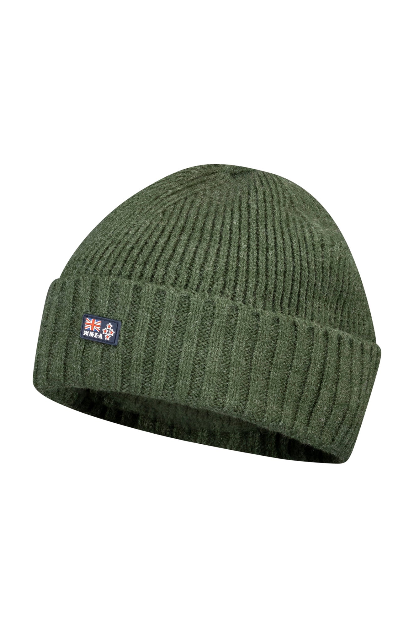 Men's olive green ribbed knit beanie with folded cuff and small NZA flag patch on front, product view