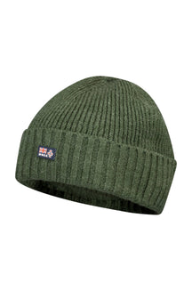 Men's olive green ribbed knit beanie with folded cuff and small NZA flag patch on front, product view