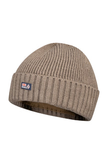 NZA men's taupe gray-brown ribbed knit beanie with folded cuff and small flag logo patch, product view