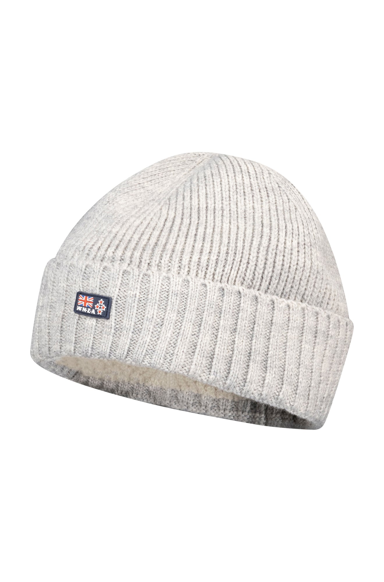 Men's light gray ribbed knit beanie with folded cuff, fuzzy lining edge, and small logo patch, product view by NZA