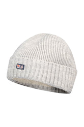 Men's light gray ribbed knit beanie with folded cuff, fuzzy lining edge, and small logo patch, product view by NZA