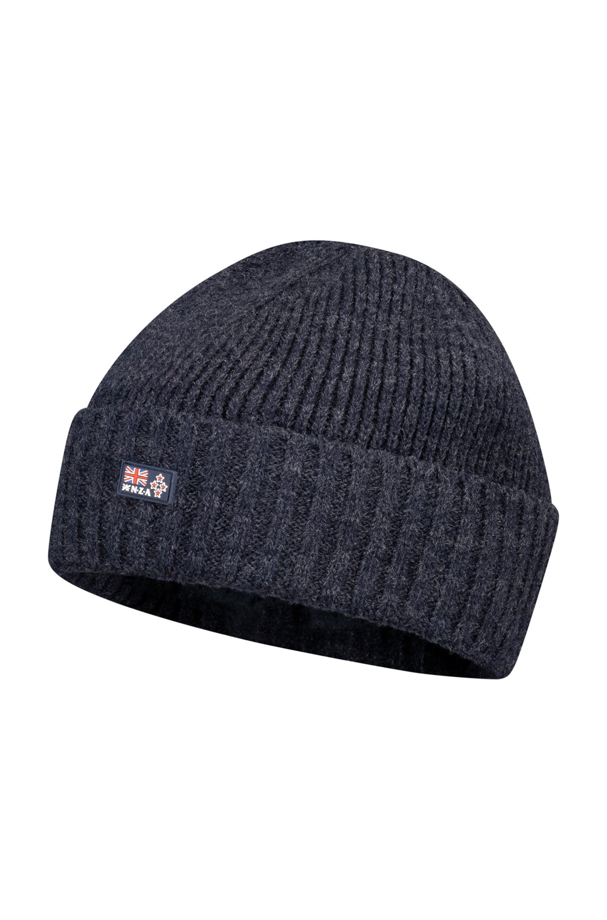 Tuque en tricot côtelé gris charbon avec revers plié et petite écusson NZA devant, vue produit pour homme