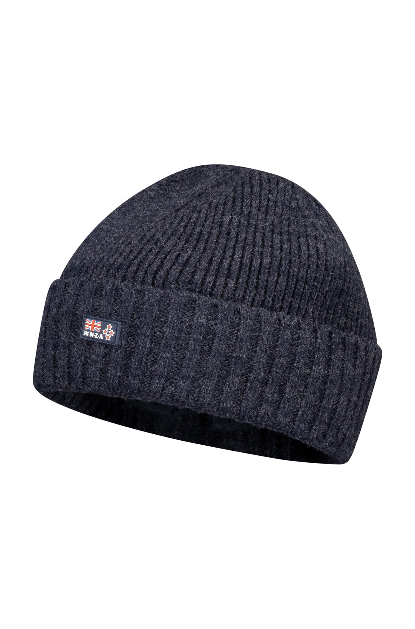 Men's dark charcoal ribbed knit beanie with folded cuff and small NZA patch on the front, product view