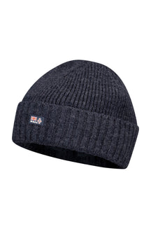 Men's dark charcoal ribbed knit beanie with folded cuff and small NZA patch on the front, product view