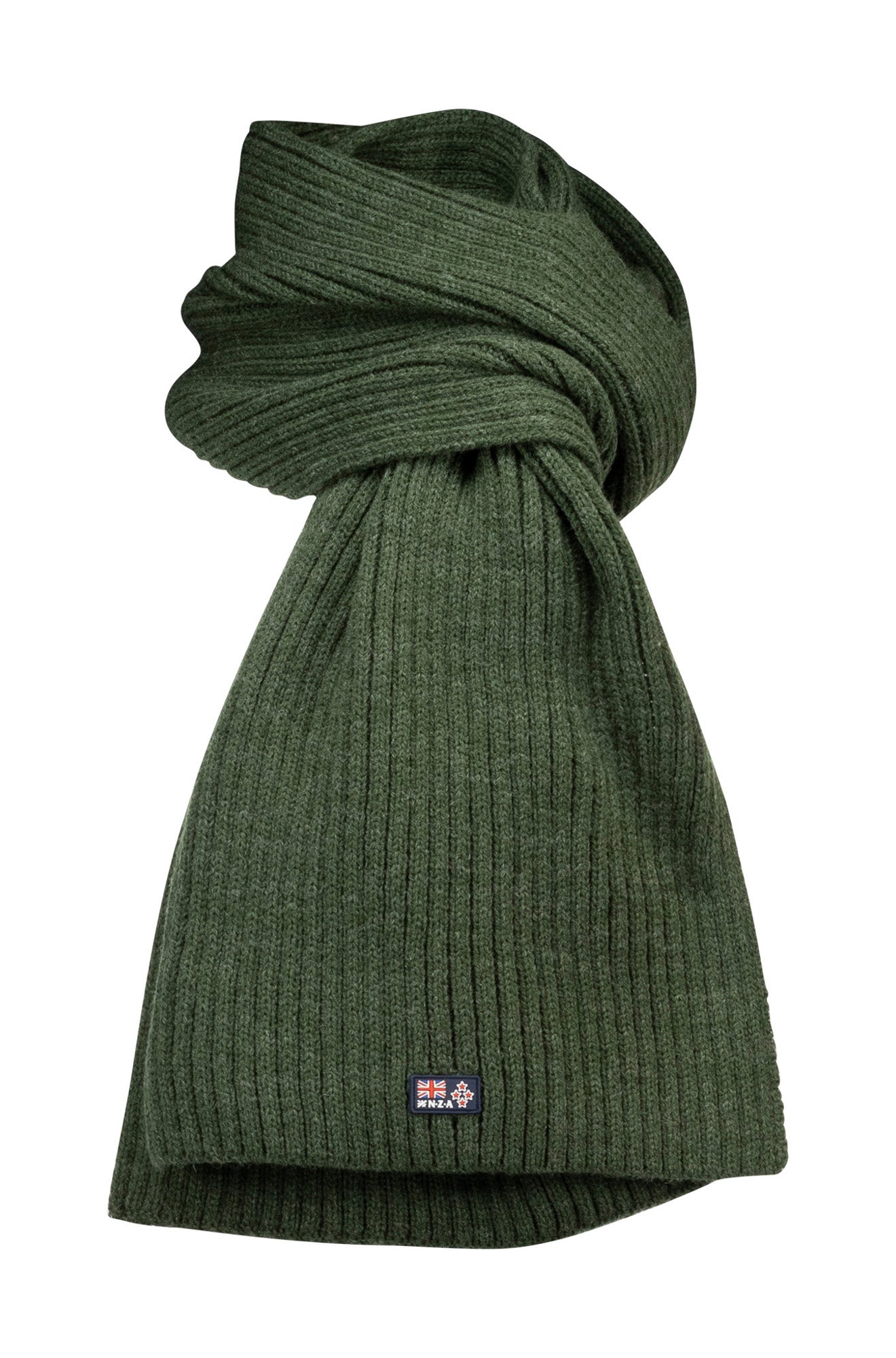 Men's dark green ribbed knitted scarf folded with a small woven NZA logo patch near the end, product view