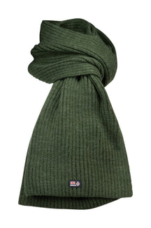 Men's dark green ribbed knitted scarf folded with a small woven NZA logo patch near the end, product view