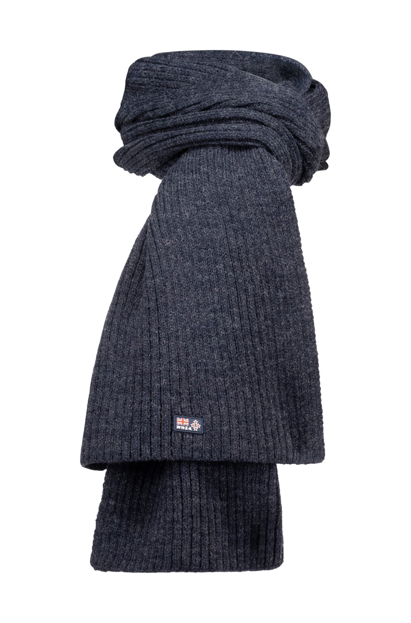 Men's charcoal gray ribbed knit scarf, folded with small logo patch near the hem, product view by NZA