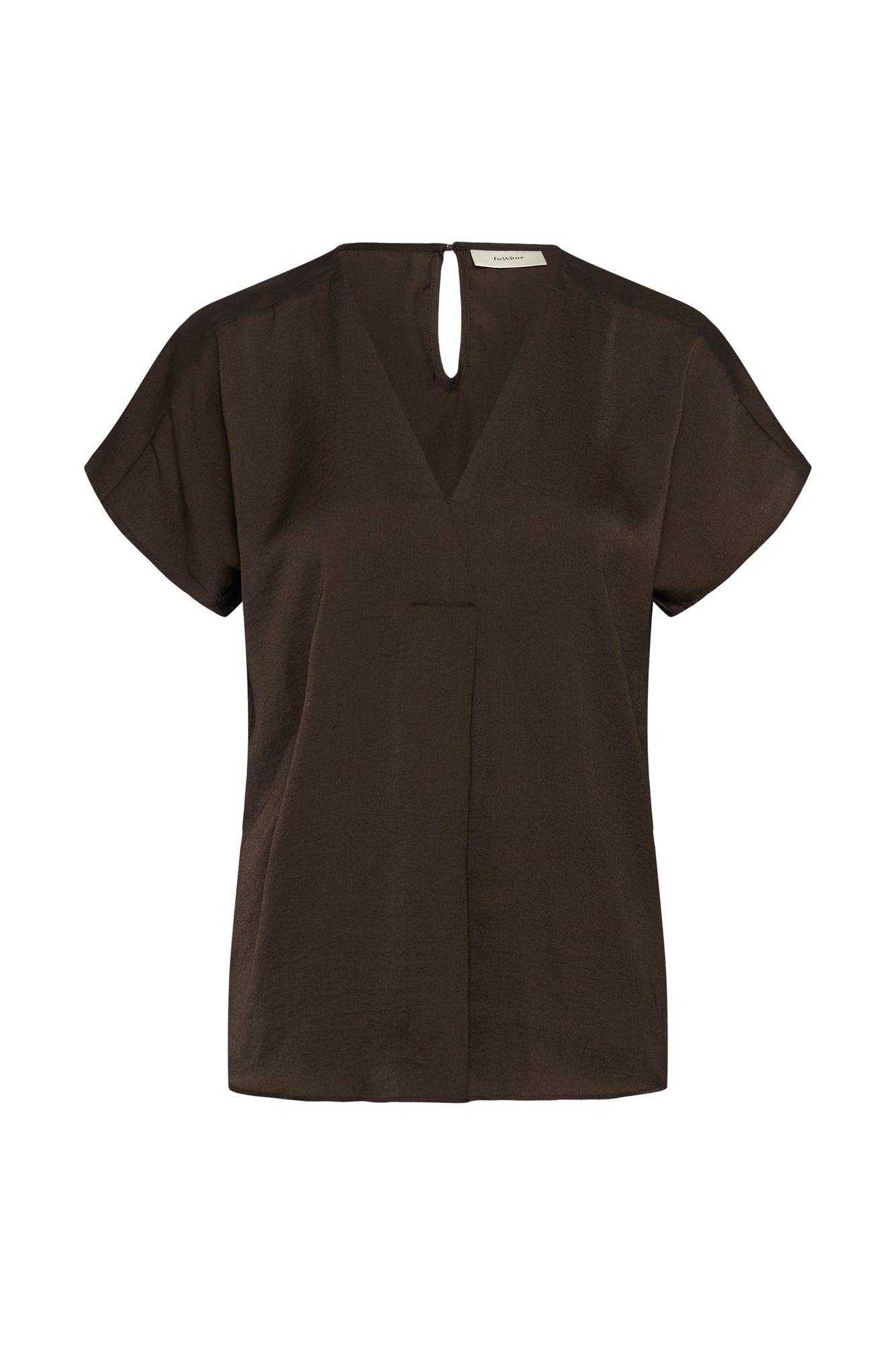 Vue avant isolée du blouse à manches courtes brune foncé à col en V avec manches courtes larges pour femme par InWear
