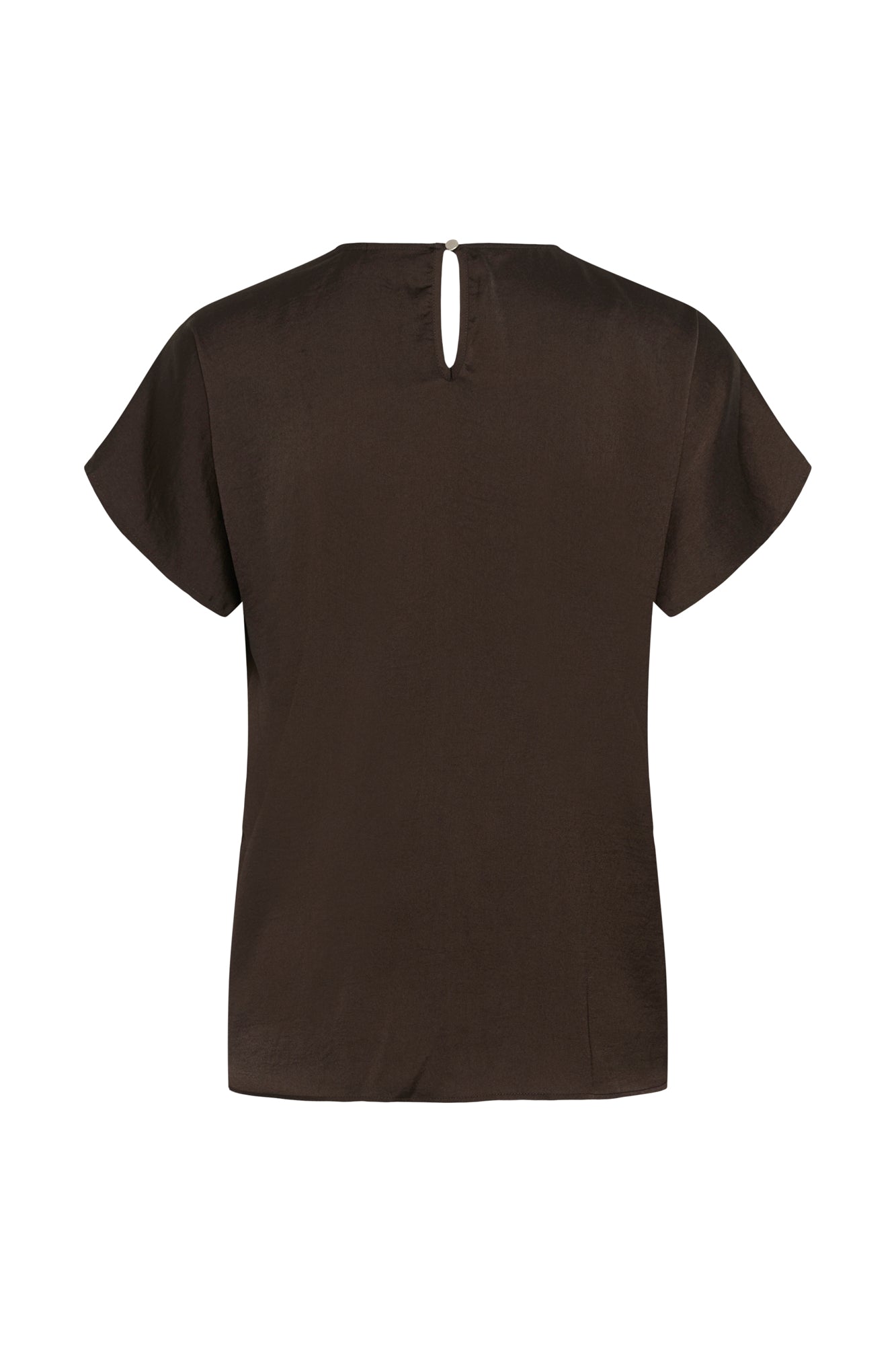 Vue arrière isolée du blouse brune foncé à manches courtes avec ouverture goutte et petit bouton pour femme par InWear