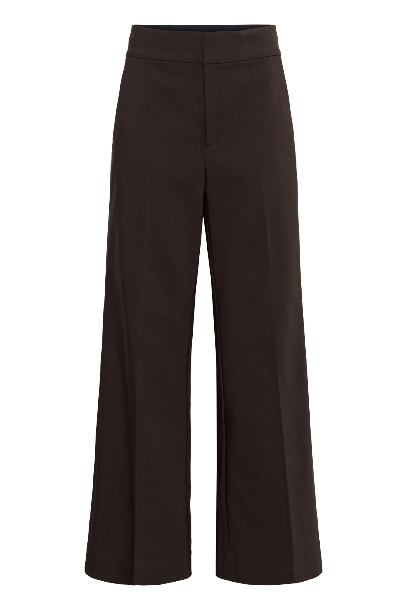 Pantalon brun foncé à jambe large, vue avant isolée avec taille lisse et plis marqués pour femme par InWear