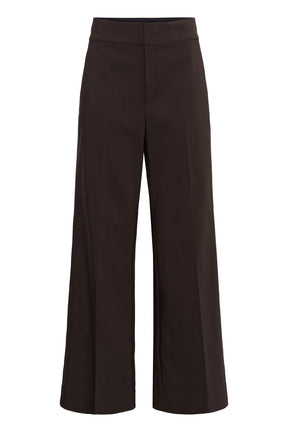 Pantalon brun foncé à jambe large, vue avant isolée avec taille lisse et plis marqués pour femme par InWear