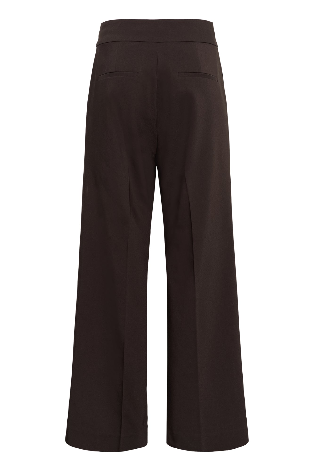 Pantalon brun foncé à jambe large, vue arrière isolée avec poches passepoilées pour femme par InWear
