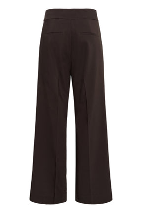 Pantalon brun foncé à jambe large, vue arrière isolée avec poches passepoilées pour femme par InWear