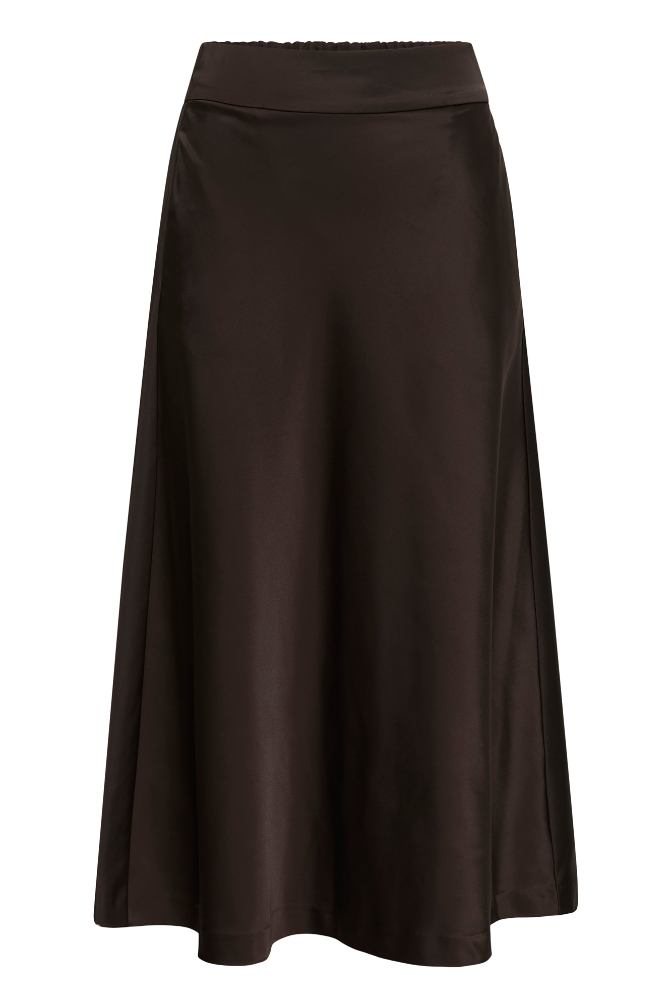 Jupe maxi satinée brun foncé avec ceinture plate et ourlet long pour femme par InWear, vue avant isolée