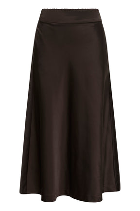 Jupe maxi satinée brun foncé avec ceinture plate et ourlet long pour femme par InWear, vue avant isolée