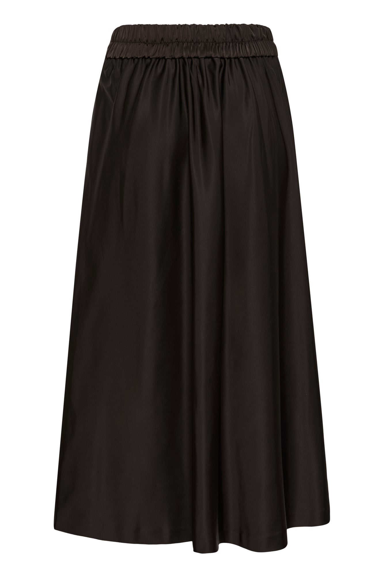 Vue arrière isolée de la jupe maxi satinée brun foncé avec ceinture élastique froncée pour femme par InWear