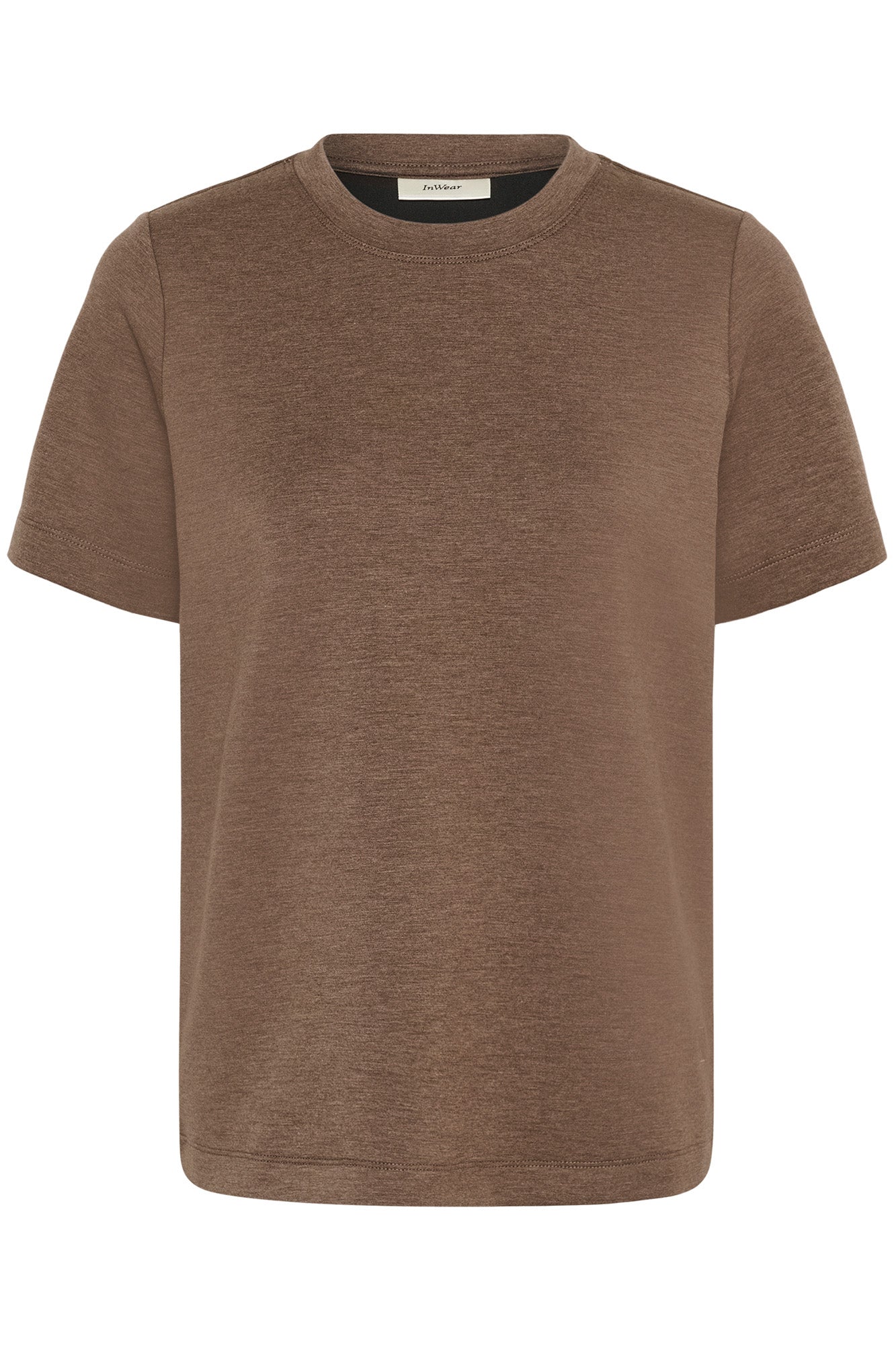 Vue avant du T-Shirt brun taupe à manches courtes, avec surface légèrement chinée pour femme par InWear