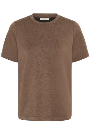 Vue avant du T-Shirt brun taupe à manches courtes, avec surface légèrement chinée pour femme par InWear
