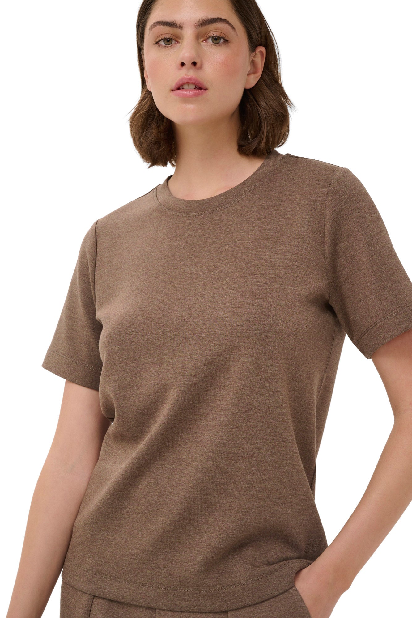 InWear women's close front view of a brown taupe crewneck Short-sleeve T-Shirt showing sleeve stitching and small tonal logo