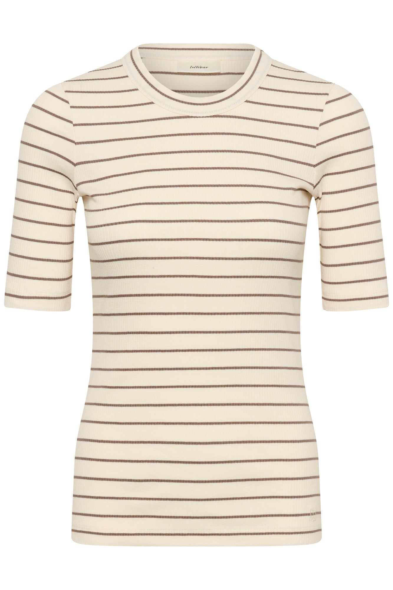 T-Shirt crème côtelé à manches courtes et fines rayures taupe pour femme par InWear, vue avant isolée