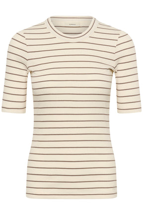 T-Shirt crème côtelé à manches courtes et fines rayures taupe pour femme par InWear, vue avant isolée