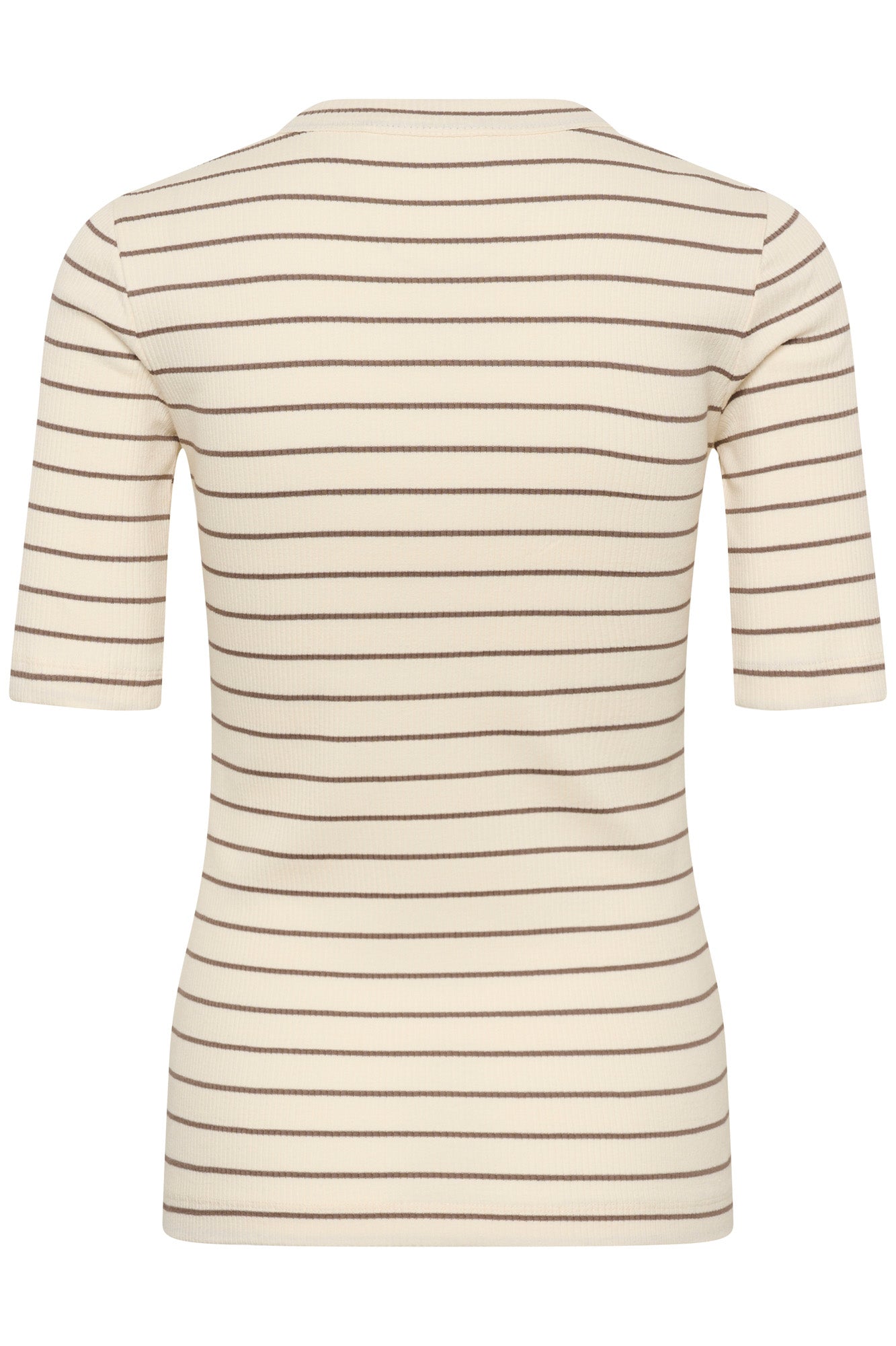 Vue arrière isolée du T-Shirt crème côtelé à manches courtes et rayures taupe pour femme par InWear