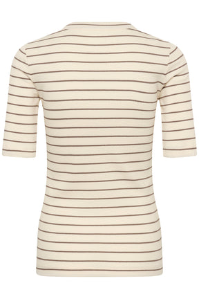 Vue arrière isolée du T-Shirt crème côtelé à manches courtes et rayures taupe pour femme par InWear