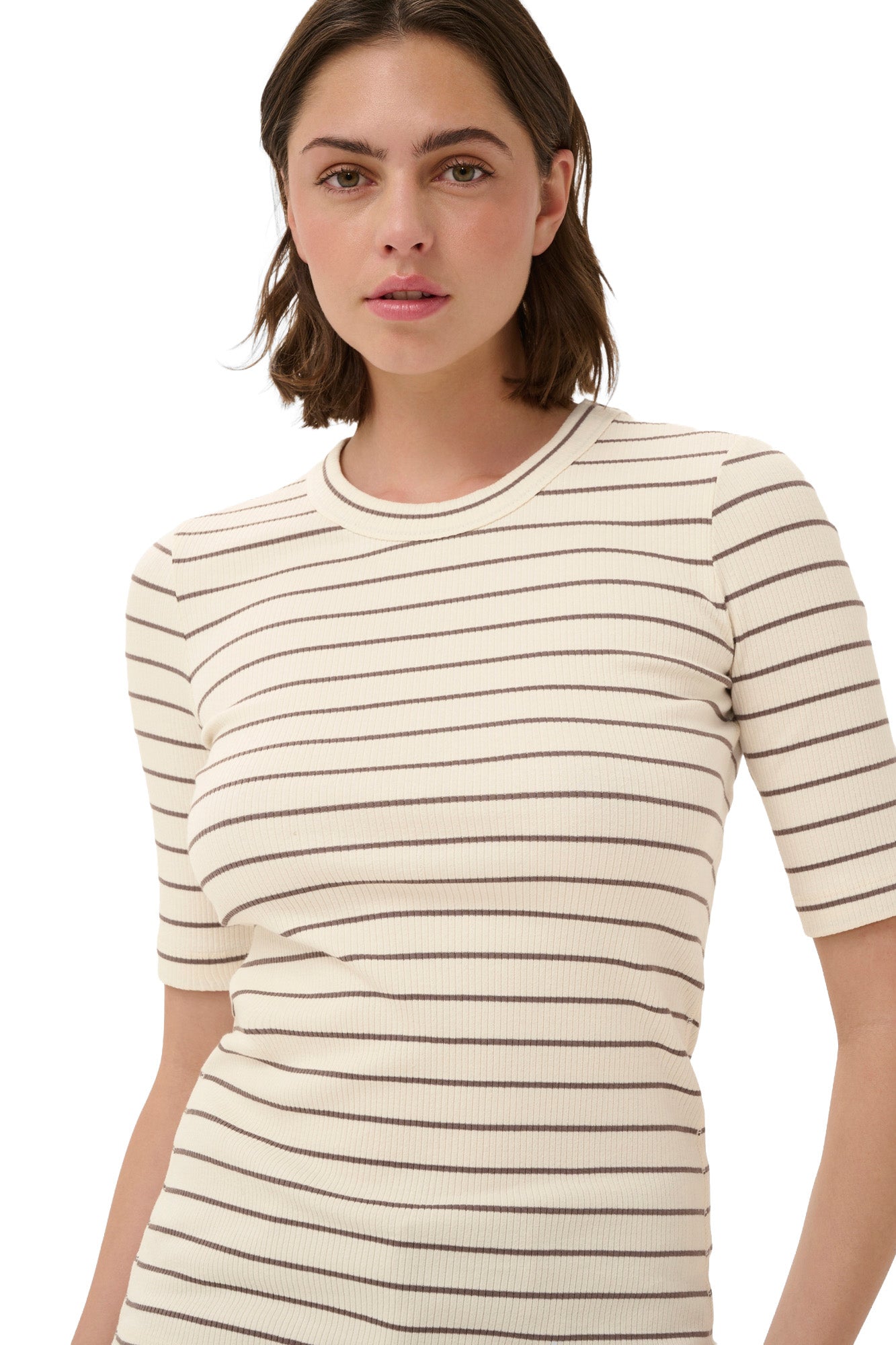 InWear women's close front view of cream ribbed striped crewneck Short-sleeve T-Shirt with taupe lines
