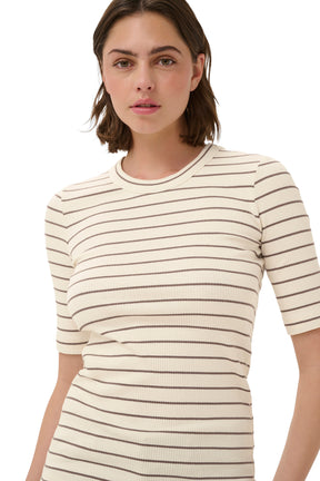 InWear women's close front view of cream ribbed striped crewneck Short-sleeve T-Shirt with taupe lines