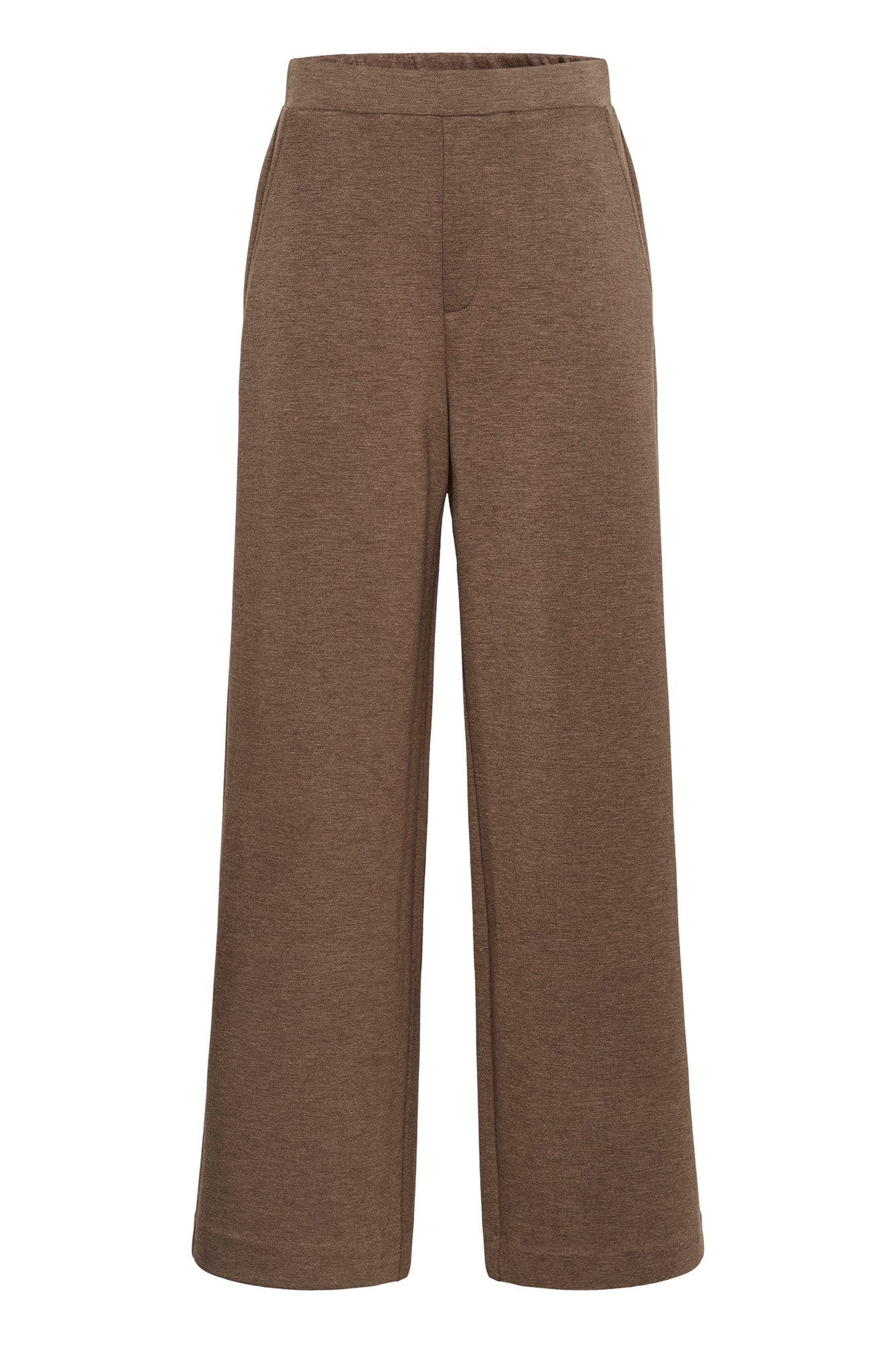 Vue isolée de face du pantalon brun à jambe large, avec poches côté et fausse braguette pour femme par InWear