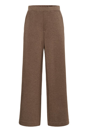 Vue isolée de face du pantalon brun à jambe large, avec poches côté et fausse braguette pour femme par InWear