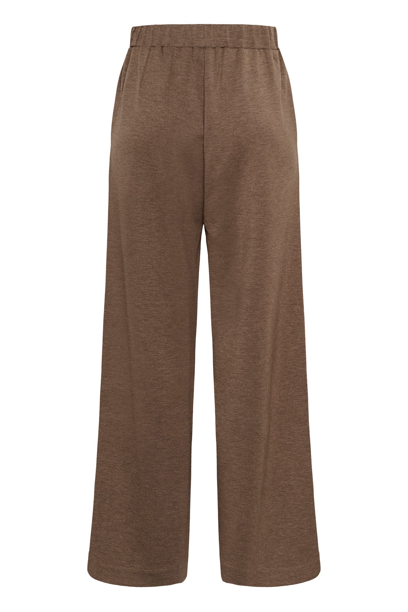 Vue isolée de dos du pantalon brun à jambe large, avec taille élastique froncée et ourlets droits pour femme par InWear