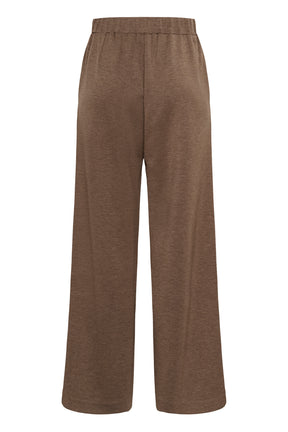 Vue isolée de dos du pantalon brun à jambe large, avec taille élastique froncée et ourlets droits pour femme par InWear