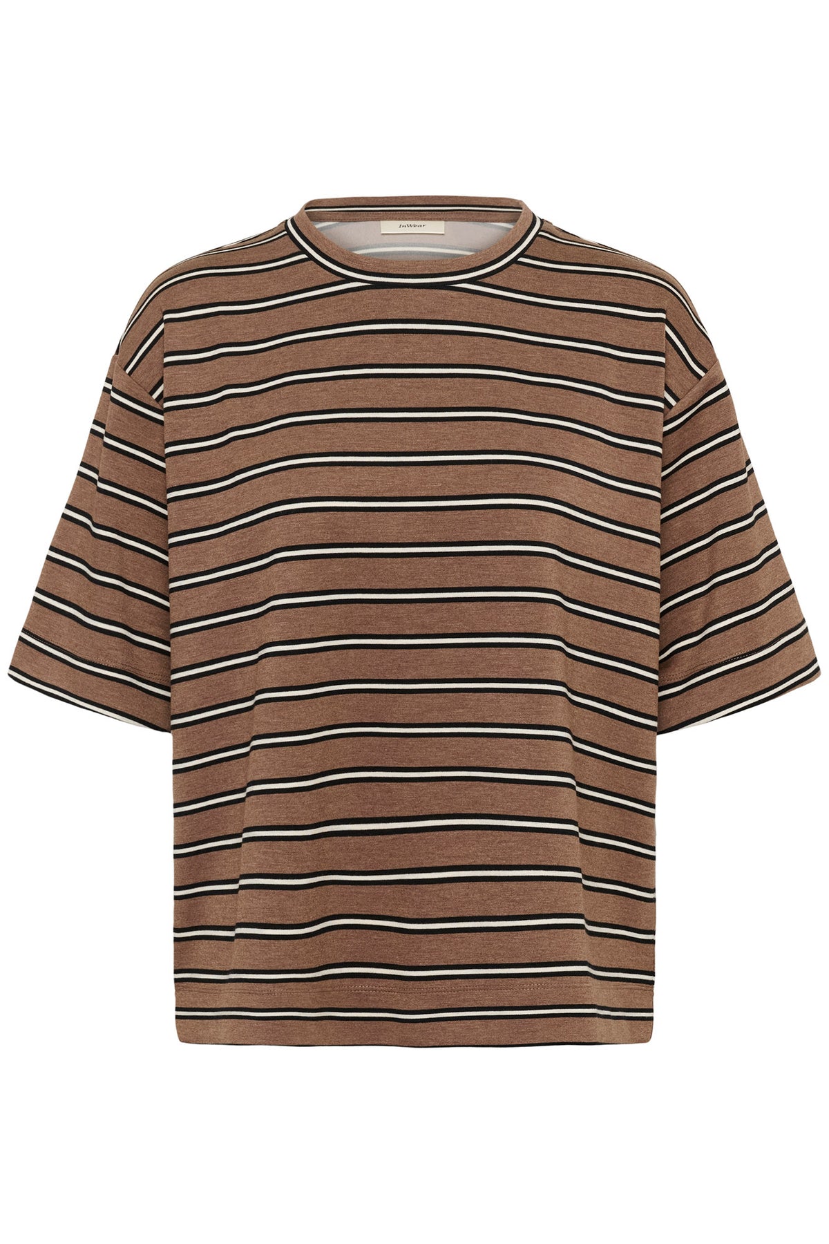 Vue de face du T-Shirt brun à manches courtes avec rayures horizontales noires et crème pour femme par InWear