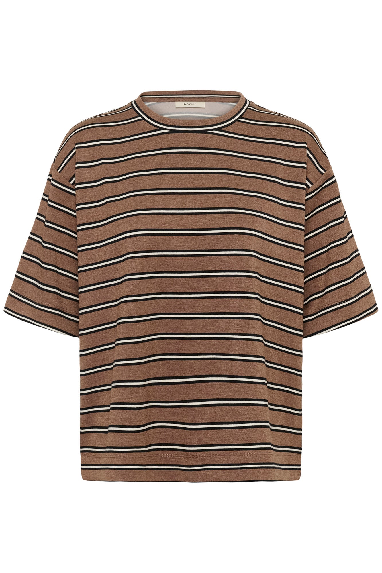 Vue de face du T-Shirt brun à manches courtes avec rayures horizontales noires et crème pour femme par InWear