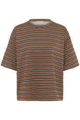 Vue de face du T-Shirt brun à manches courtes avec rayures horizontales noires et crème pour femme par InWear