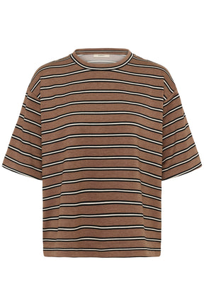 Vue de face du T-Shirt brun à manches courtes avec rayures horizontales noires et crème pour femme par InWear