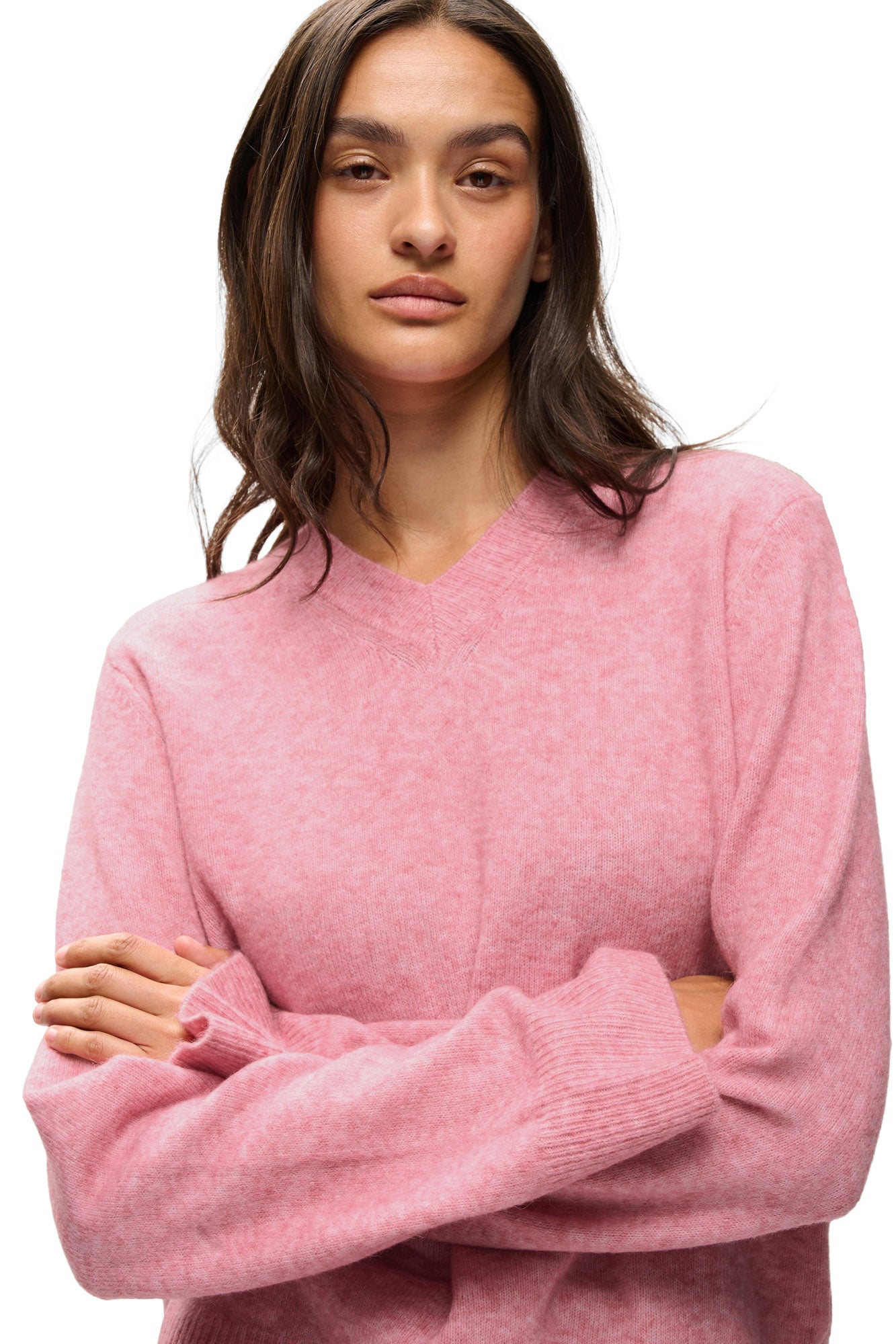 Chandail manches longues rose à col en V avec col et poignets côtelés pour femme par InWear, détail avant
