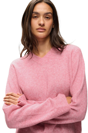 Chandail manches longues rose à col en V avec col et poignets côtelés pour femme par InWear, détail avant