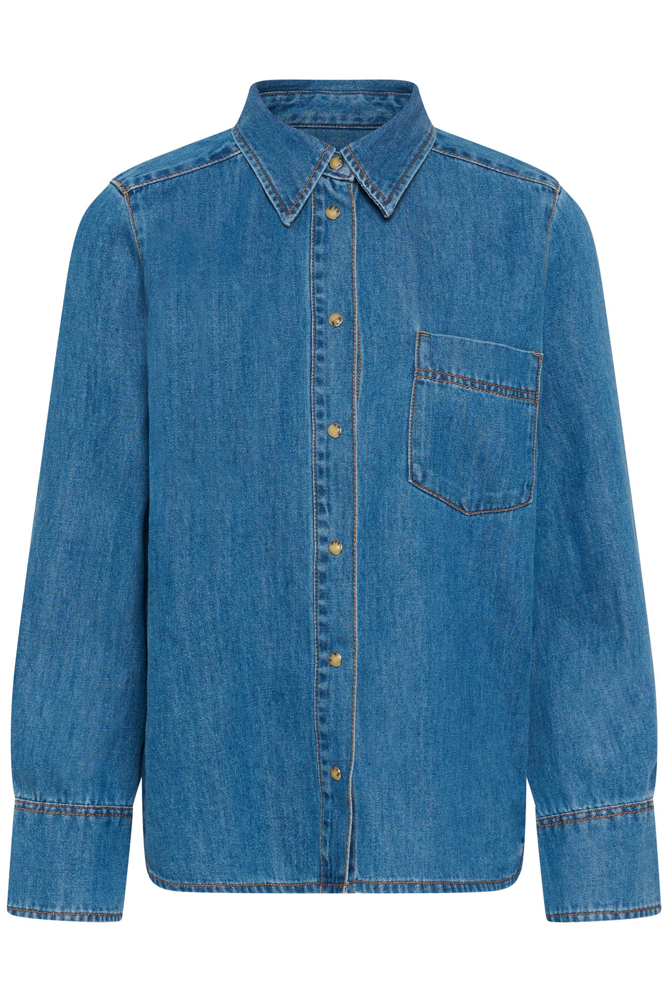 Vue avant du blouse manches longues en denim bleu avec col pointu, boutons laiton et poche poitrine pour femme par InWear