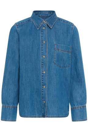 Vue avant du blouse manches longues en denim bleu avec col pointu, boutons laiton et poche poitrine pour femme par InWear
