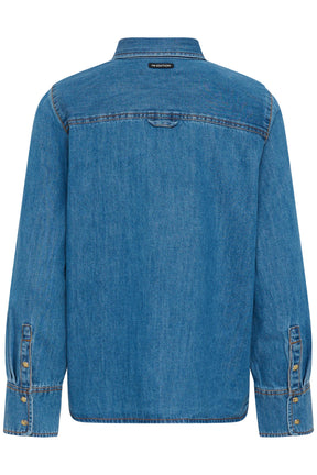 Vue arrière du blouse manches longues en denim bleu avec empiècement et poignets boutonnés pour femme par InWear