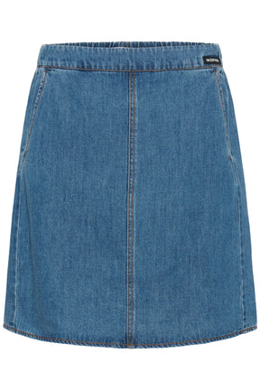 Jupe en denim bleu avec taille élastique, poches obliques et couture centrale pour femme par InWear, vue avant isolée