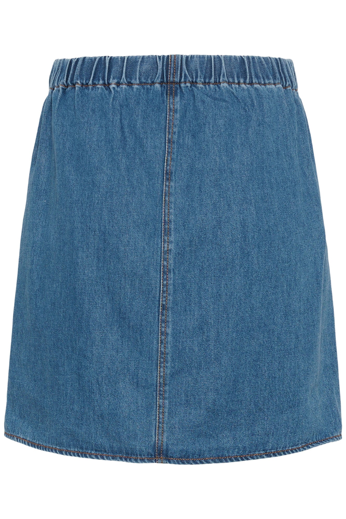 Vue arrière isolée de la jupe en denim bleu avec taille élastique froncée et couture centrale pour femme par InWear