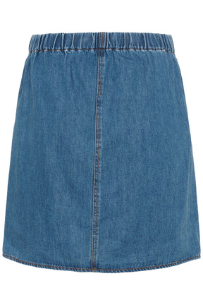 Vue arrière isolée de la jupe en denim bleu avec taille élastique froncée et couture centrale pour femme par InWear