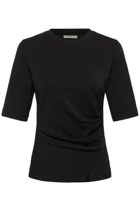 T-Shirt noir à col rond avec côté froncé et ourlet superposé pour femme par InWear, vue de face isolée